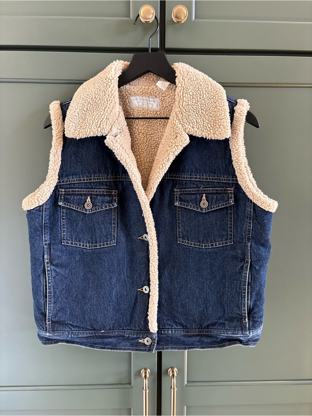 Vintage Liz Claiborne Sherpa Fleece Denim Trucker Vest,Cozy, Western, Petite, LP